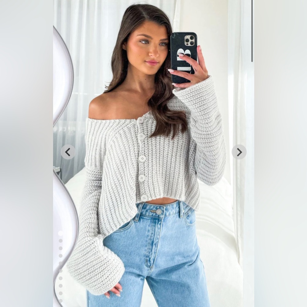 Gray chunky knit cardigan sweater
